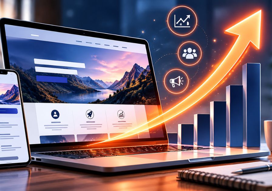 Moderner Laptop mit professioneller Unternehmenswebseite und aufsteigendem Diagramm als Symbol für Umsatzwachstum, Neukundengewinnung und erfolgreiche Webentwicklung.
